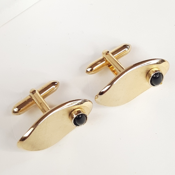 Vintage SWANK Cuff Links Onyx Curved - Picture 7 of 7